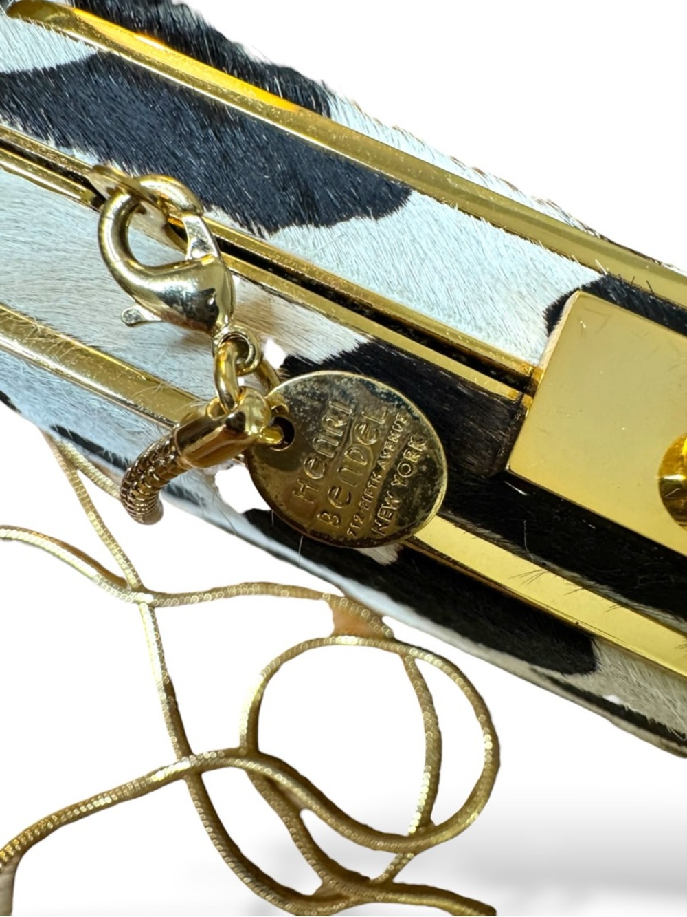 Henri Bendel Rare Cow Print Calf Hair Box Clutch w Branded Chain - Picture 4 of 6
